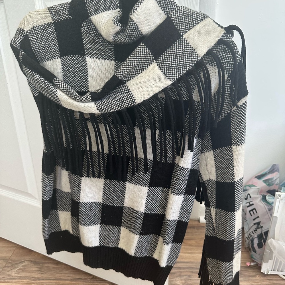 Ralph Lauren Plaid Black and White Sweater with Fringe